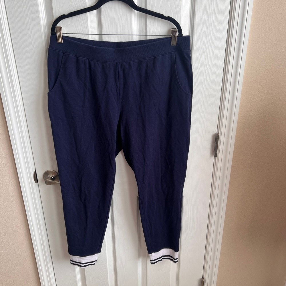 D&Co Active Womens Joggers Pants Athletic Casual Navy Blue‎ White Trim Large P